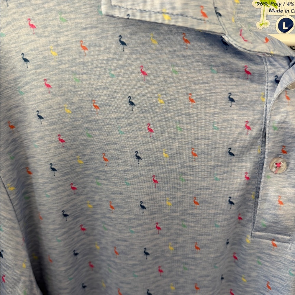 Tailorbyrd Light Blue Polo with multi colored bird print - Picture 2 of 8